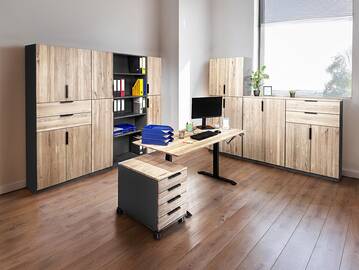 OFFICE OAK Komplettbüro II, Material teilmassiv, Eiche/graphitfarbig