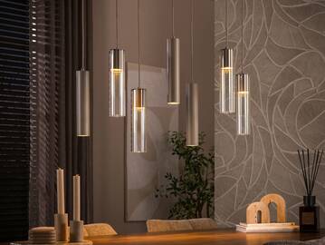 KIYAN Pendelleuchte, 7-flammig, Material Glas, frostet beige