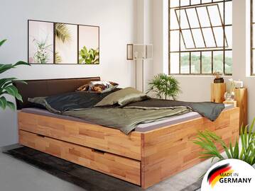 CHICO Stauraumbett mit Polsterkopfteil, Material Massivholz 