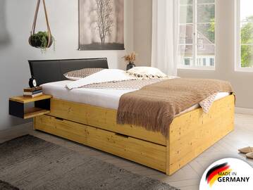 CHICO Stauraumbett mit Polsterkopfteil, Material Massivholz, rustikale Altholzoptik, Fichte 