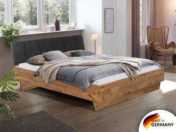 CORDINO Wangenbett aus gebürsteter Eiche mit gestepptem Polster-Kopfteil, Material Massivholz