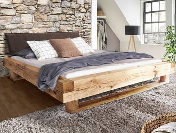 LIAS Balkenbett mit Polsterkopfteil, Holz-Kufenfuß, Material Massivholz, Eiche geölt 