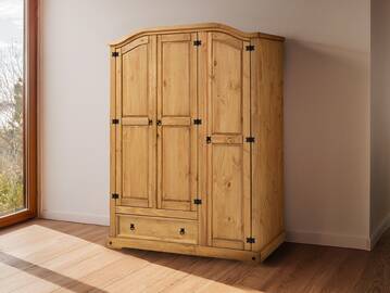 TURANO Kleiderschrank mit Schubkasten, Material Massivholz, Kiefer honig gewachst 