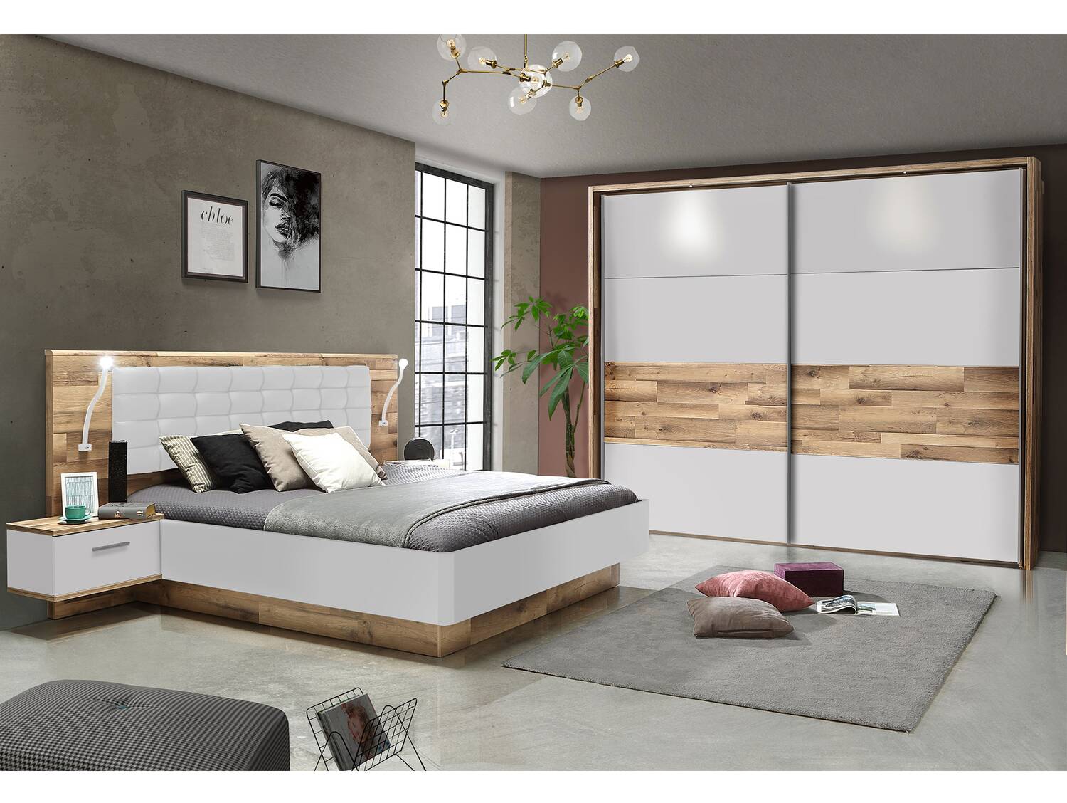MEDUNA Komplett-Schlafzimmer, Material Dekorspanplatte, eichefarbig/weiss 