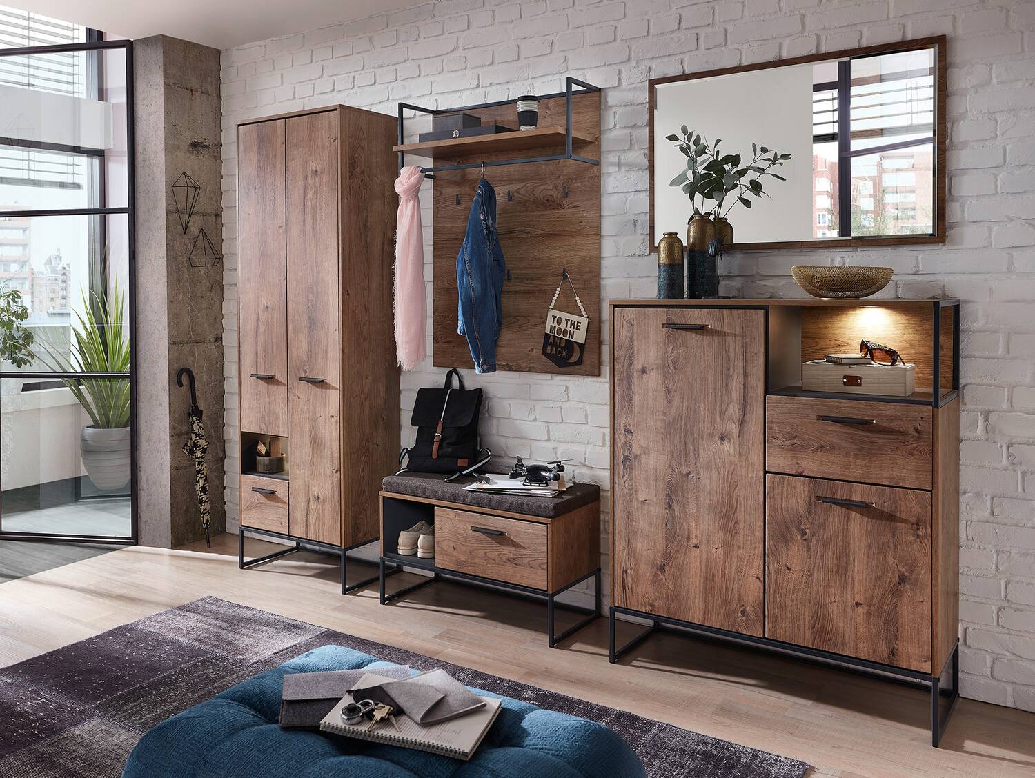MILTON Komplett Garderobe I, Material MDF, eichefarbig 