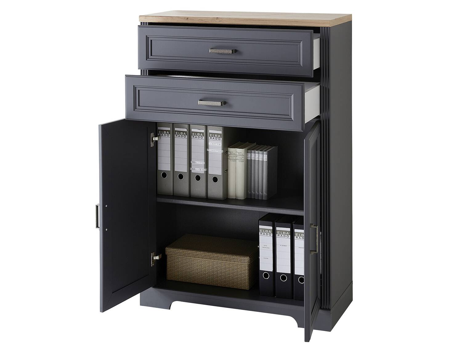 JADY Bürokommode, 2 Türen + 2 Schubkästen, Material MDF/Dekorspanplatte graphitfarbig/eichefarbig