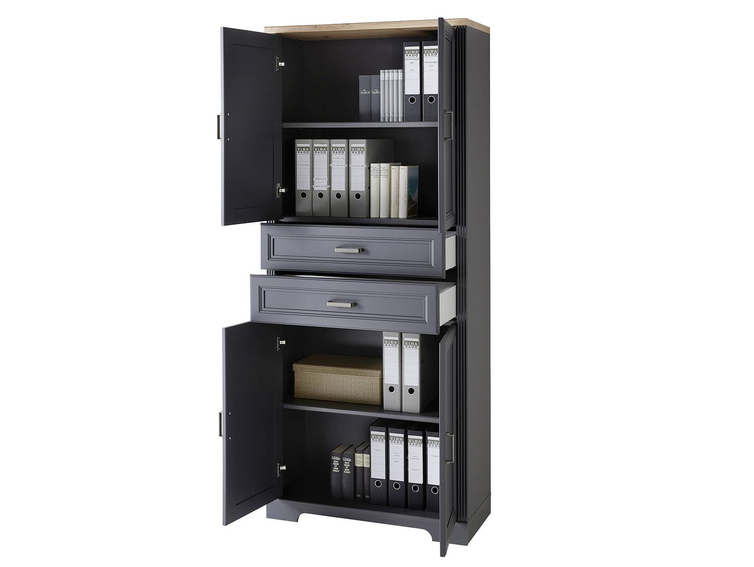 JADY Büroschrank, 4 Türen + 2 Schubkästen, Material MDF/Dekorspanplatte graphitfarbig/eichefarbig