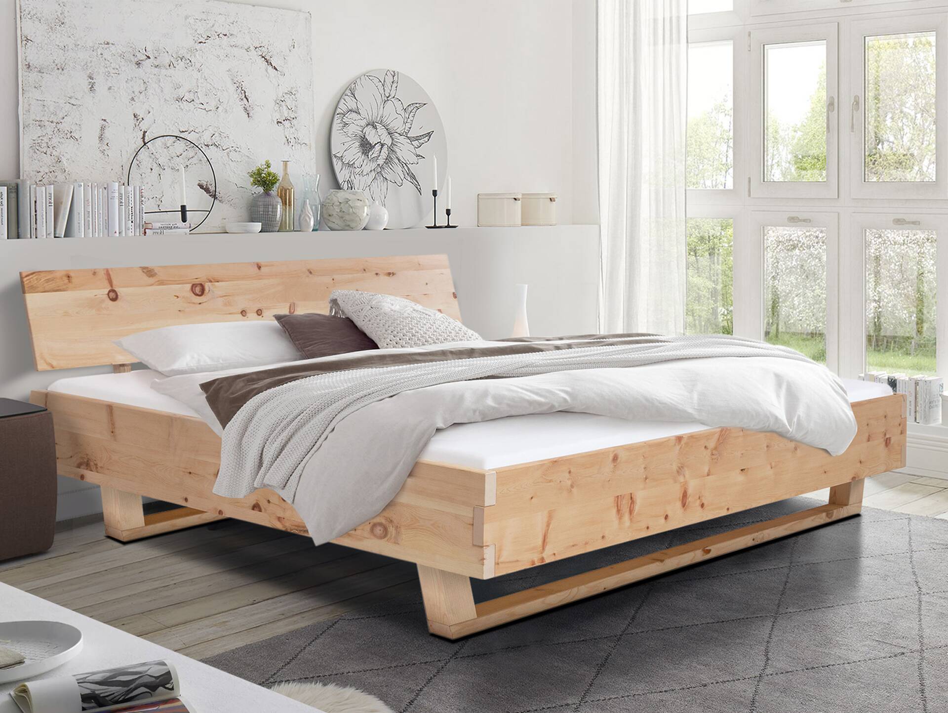 ZARUBA Holz-Kufenbett aus Zirbe, Material Massivholz, mit Kopfteil 120 x 200 cm