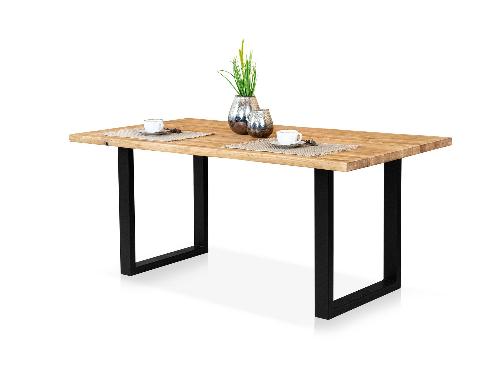 DAYTONA Esstisch II mit Baumkante, Material Massivholz / Gestell Metall schwarz pulverbeschichtet 140 x 90 cm