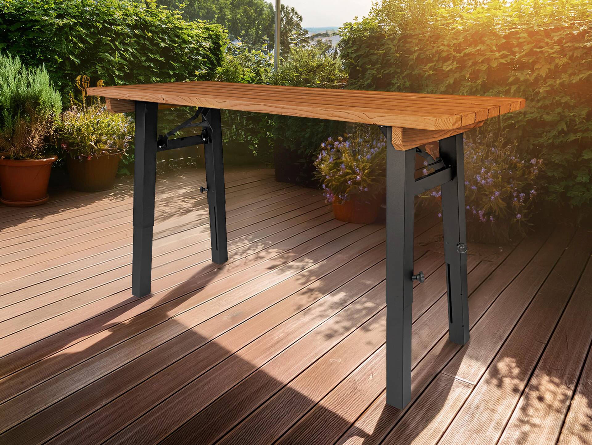 Ammersee Gartentisch - höhenverstellbar, rustikale Altholzoptik, Material Massivholz/Metall, Thermo-Fichte 200 x 60 cm | Außenbereich