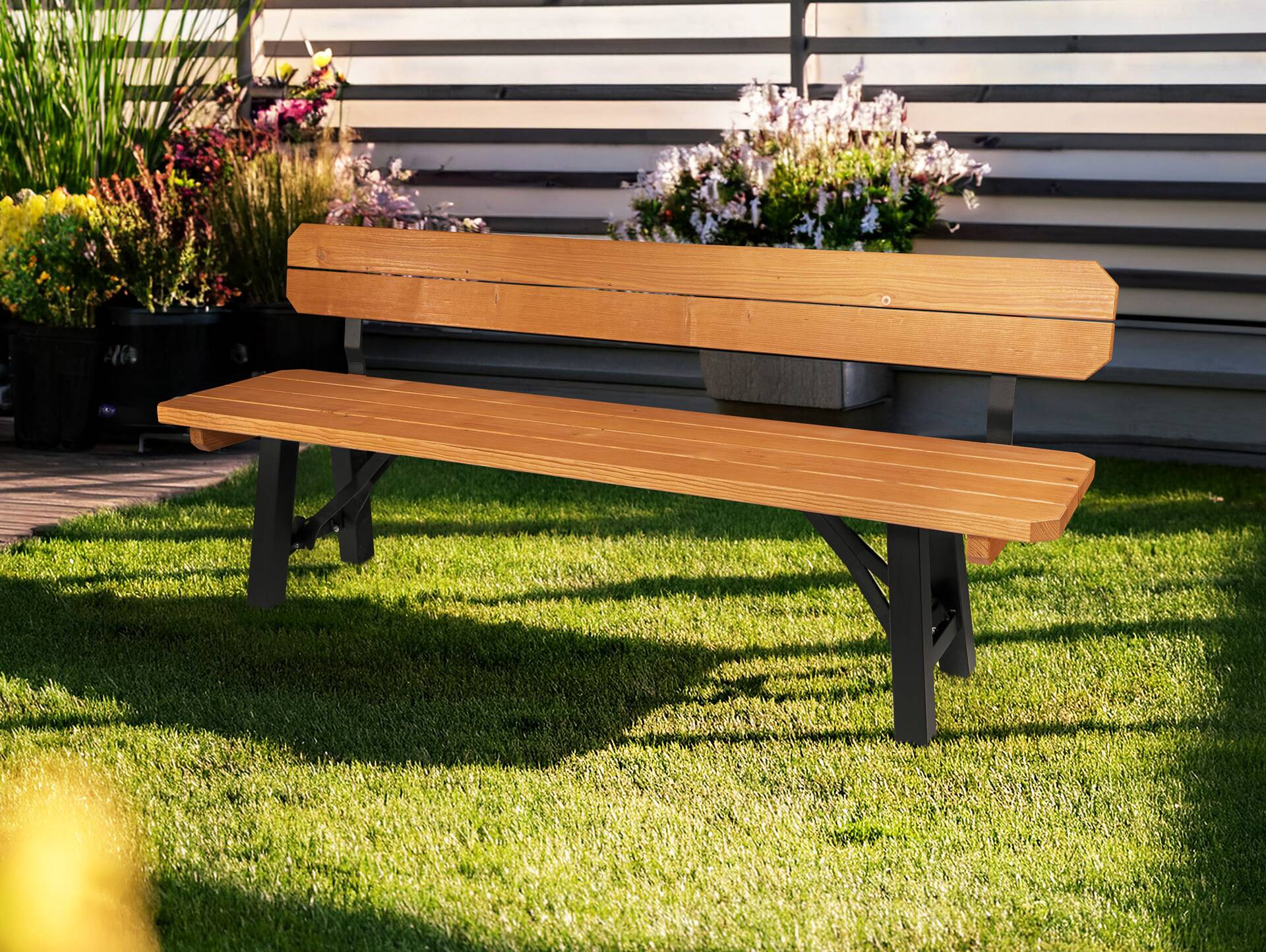 AMMERSEE Gartenbank - klappbar, rustikale Altholzoptik, Material Massivholz/Metall, Thermo-Fichte 200 x 35 cm | Außenbereich | mit Rückenlehne