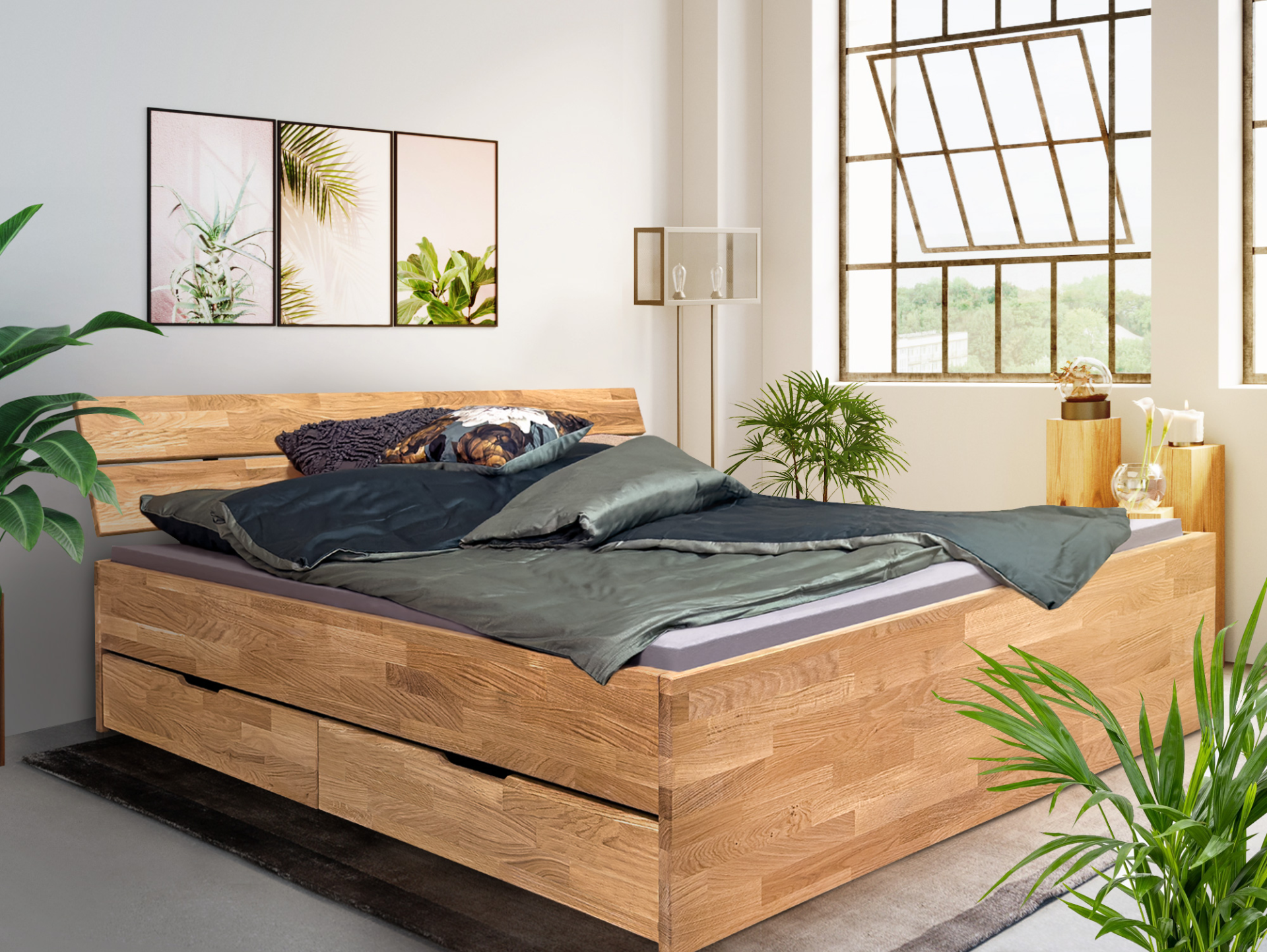 CHICO Stauraumbett mit Kopfteil, Material Massivholz 180 x 200 cm | Wildeiche unbehandelt | einseitig