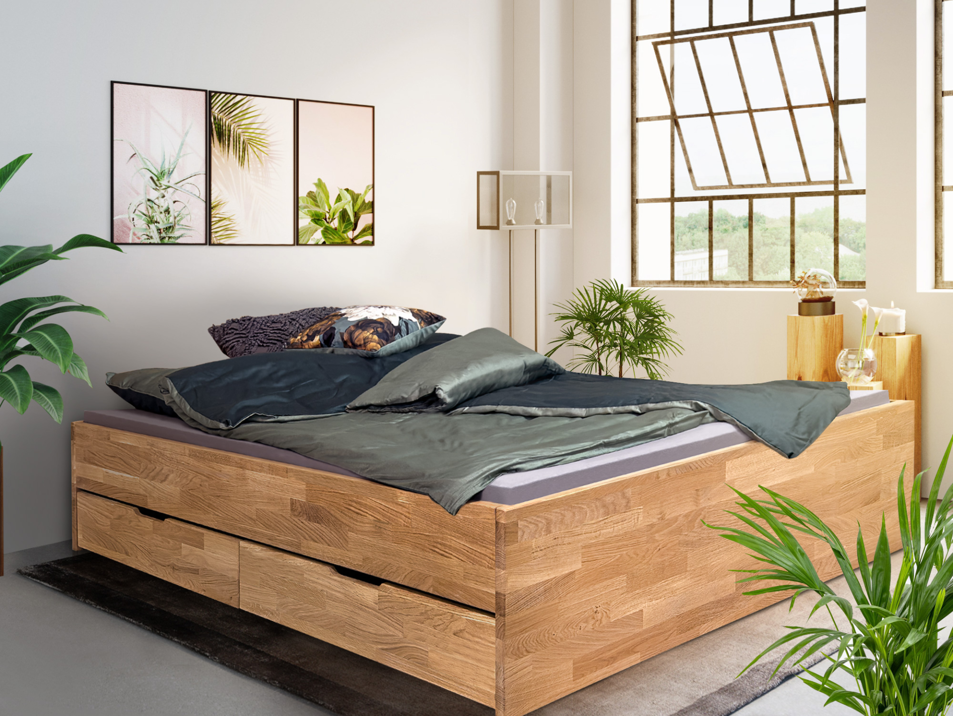 CHICO Stauraumbett ohne Kopfteil, Material Massivholz 120 x 200 cm | Wildeiche geölt | einseitig