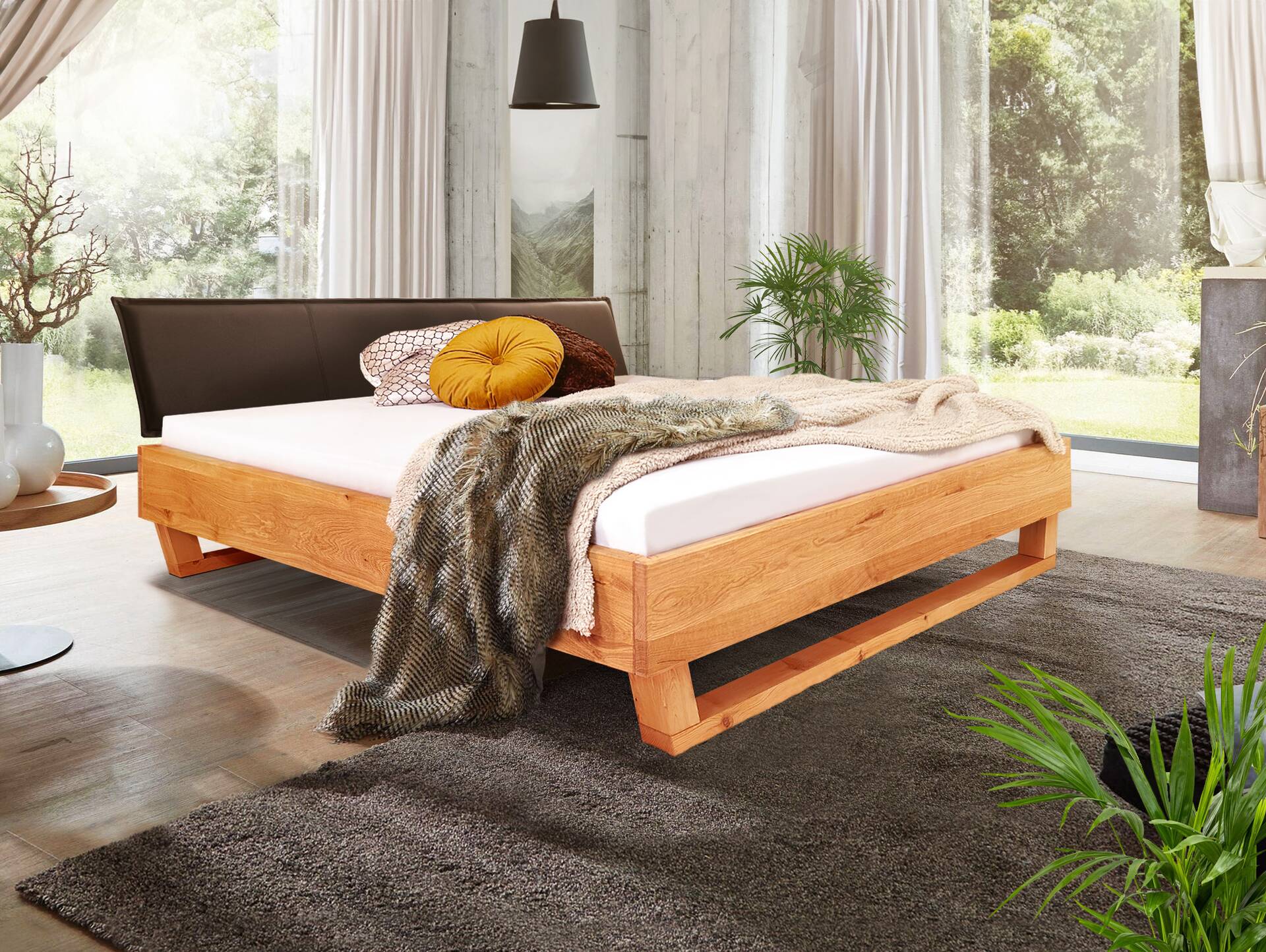 DAKONA Holz-Kufenbett mit Polsterkopfteil, Material Massivholz 120 x 200 cm | Buche unbehandelt | Kunstleder Braun ohne Steppung