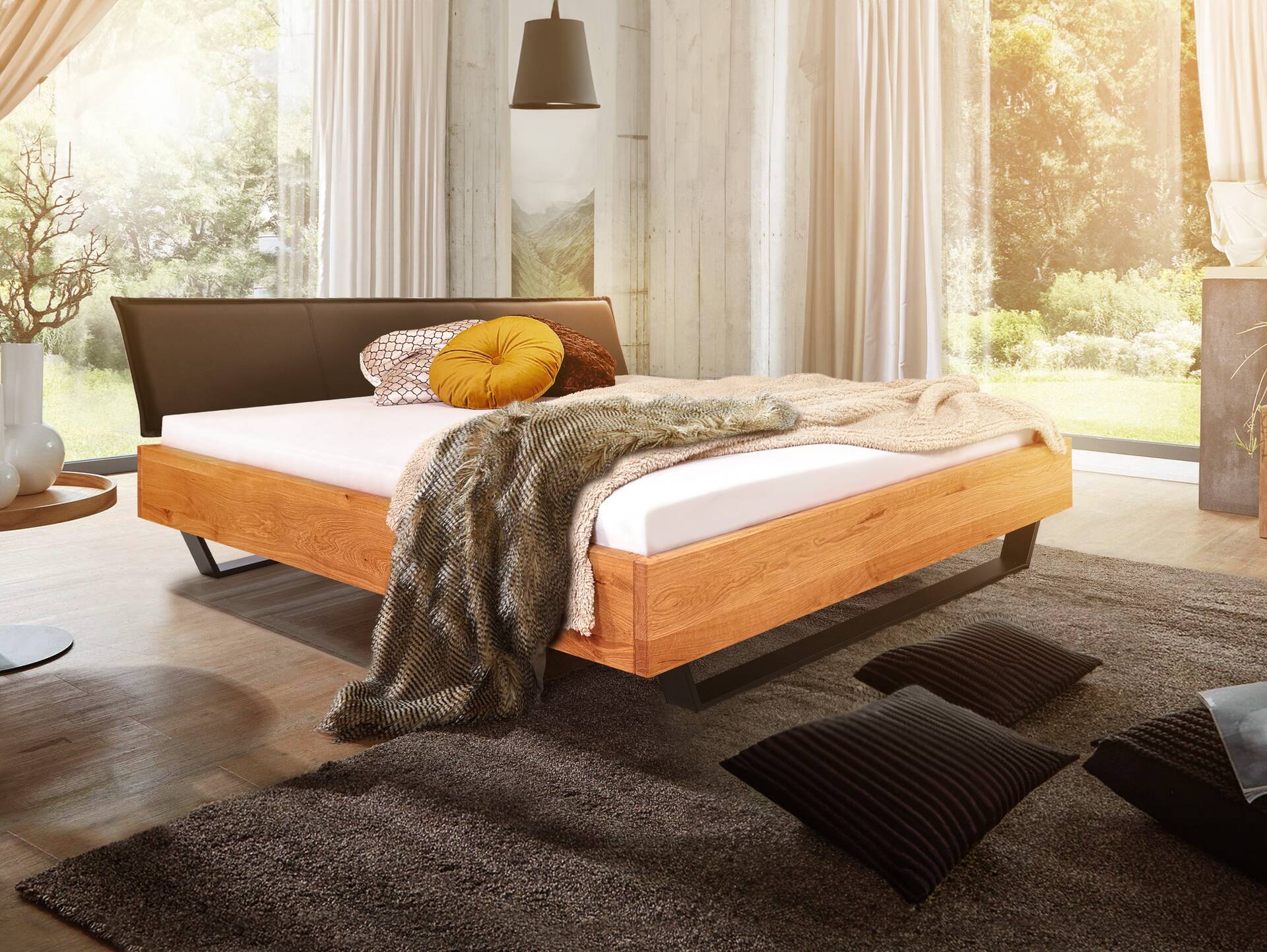 DAKONA Kufenbett mit Polsterkopfteil, Material Massivholz 120 x 200 cm | Buche unbehandelt | Kunstleder Braun ohne Steppung