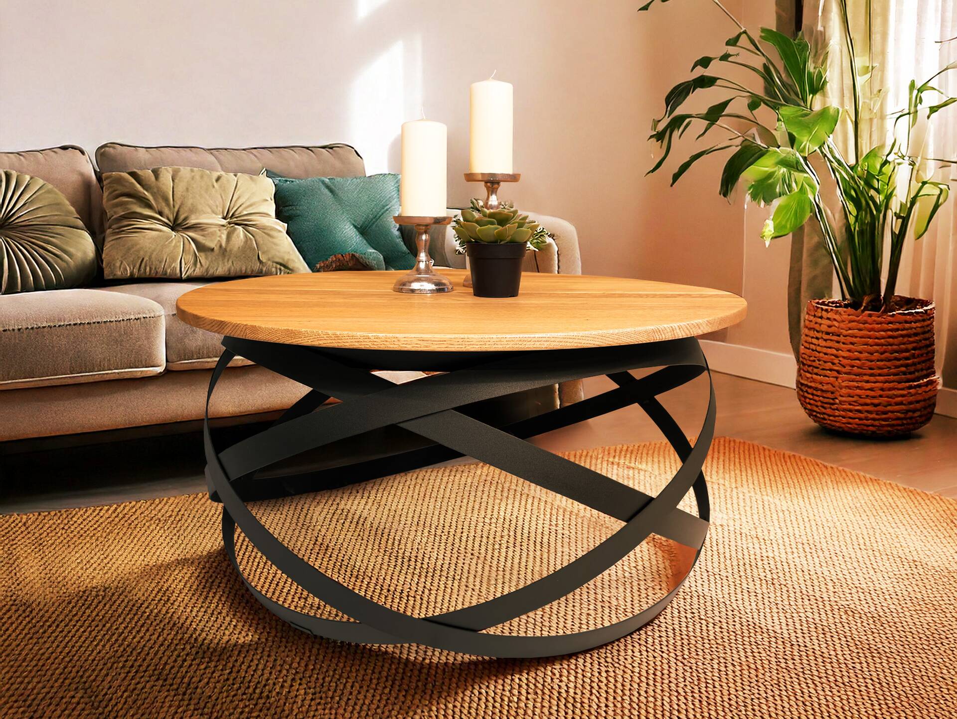 EDINO Couchtisch, Material Massivholz/Metall, Eiche geölt/schwarz 