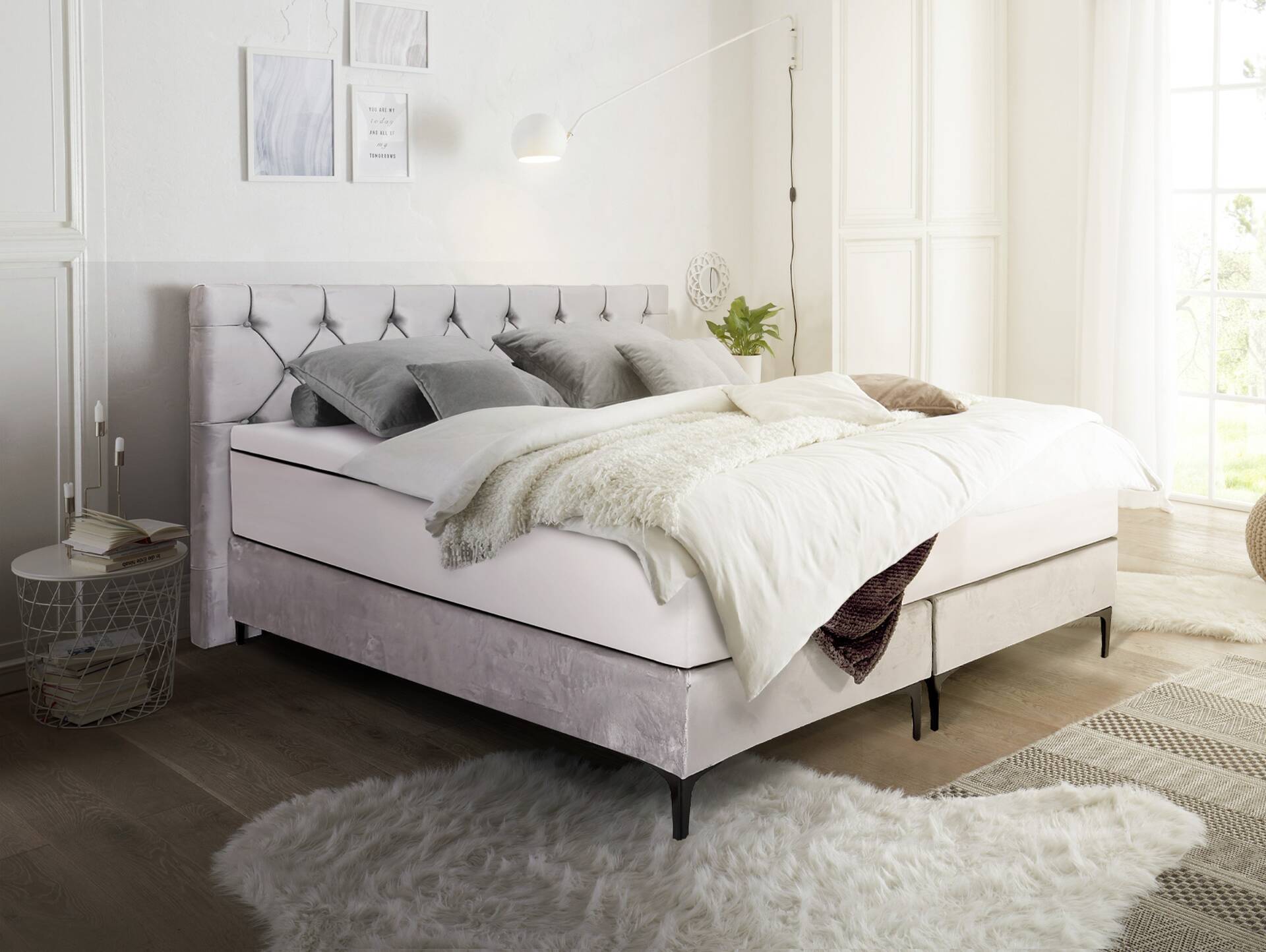 GILMORE Boxspringbett, Härtegrad 3, Bezug Stoff grau 160 x 200 cm