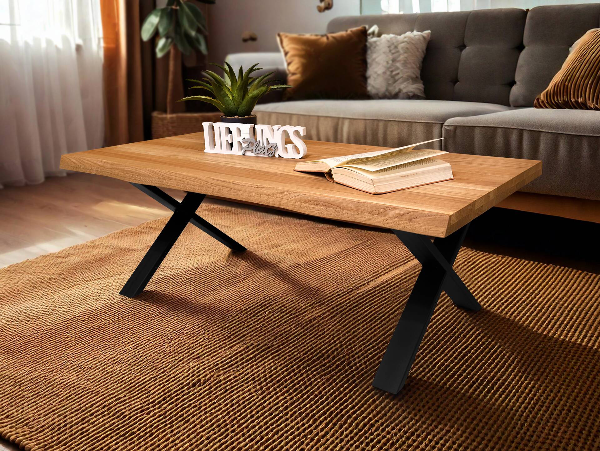 HERCO Couchtisch, Material Massivholz/Metall, Eiche geölt/schwarz 
