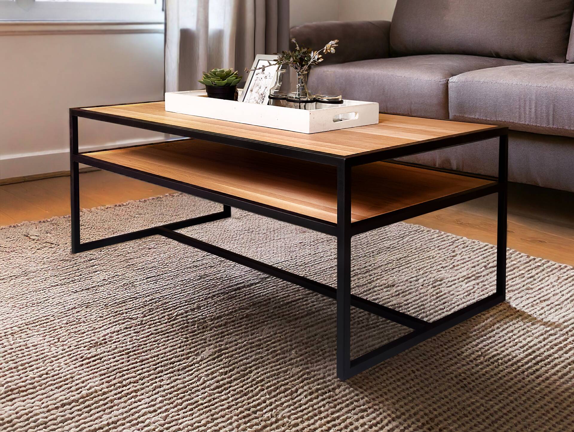 IOLA Couchtisch,  Material Massivholz/Metall, Eiche geölt/schwarz 