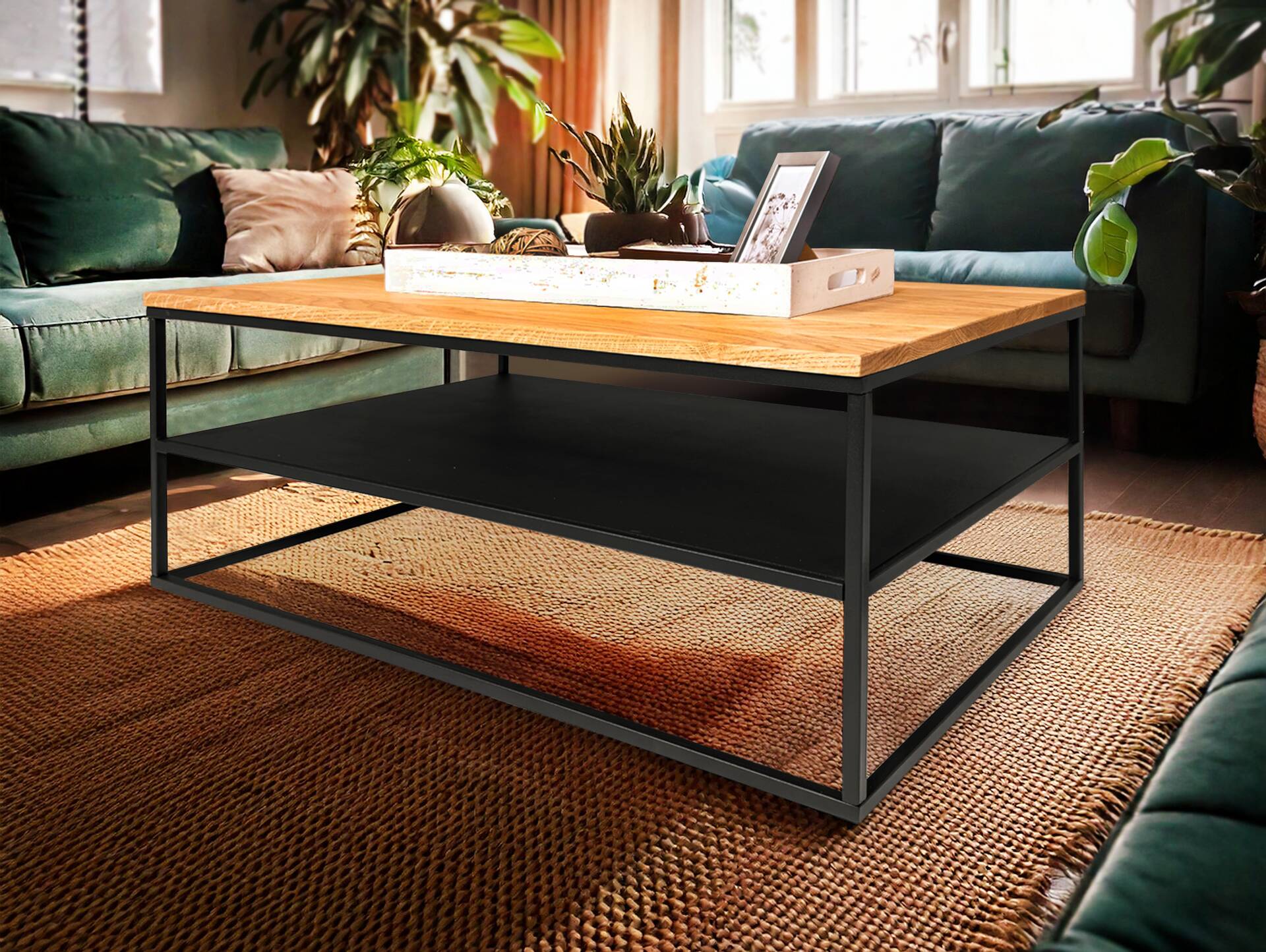 JAKOMO Couchtisch, Material Massivholz/Metall, Eiche geölt/schwarz 