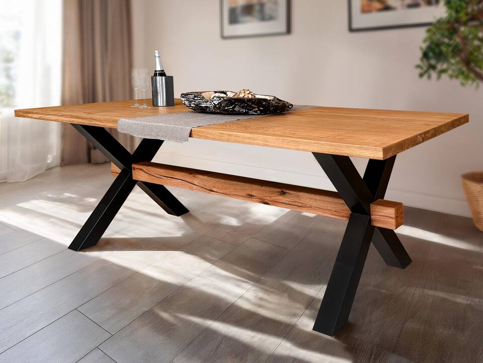 MICHIGAN Esstisch nach Maß, Material Massivholz/Stahl, X-Fuß 