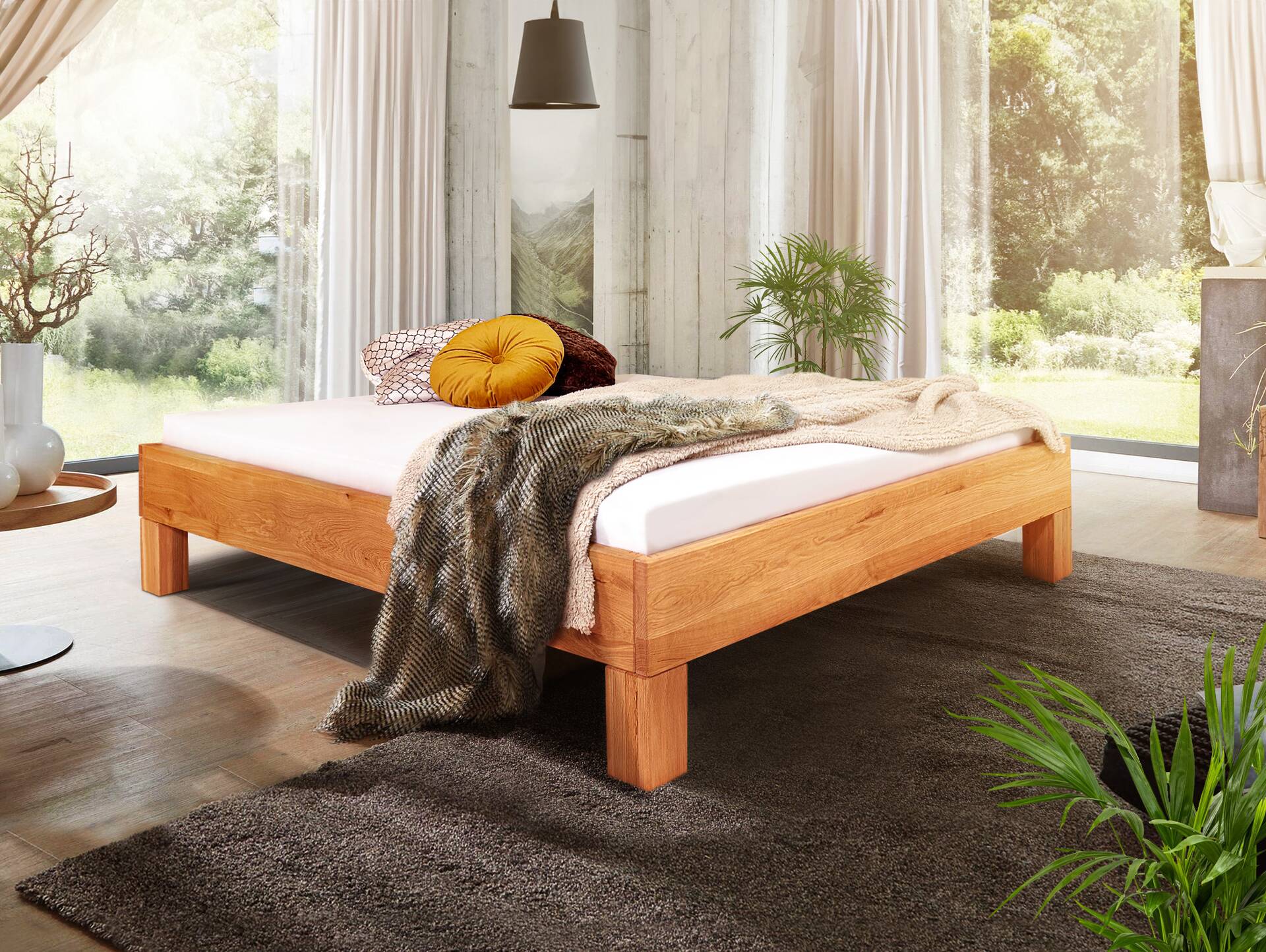 DAKONA 4-Fuß-Massivholzbett, mit/ohne Kopfteil 90 x 220 cm | Buche unbehandelt | Standardhöhe | ohne Kopfteil