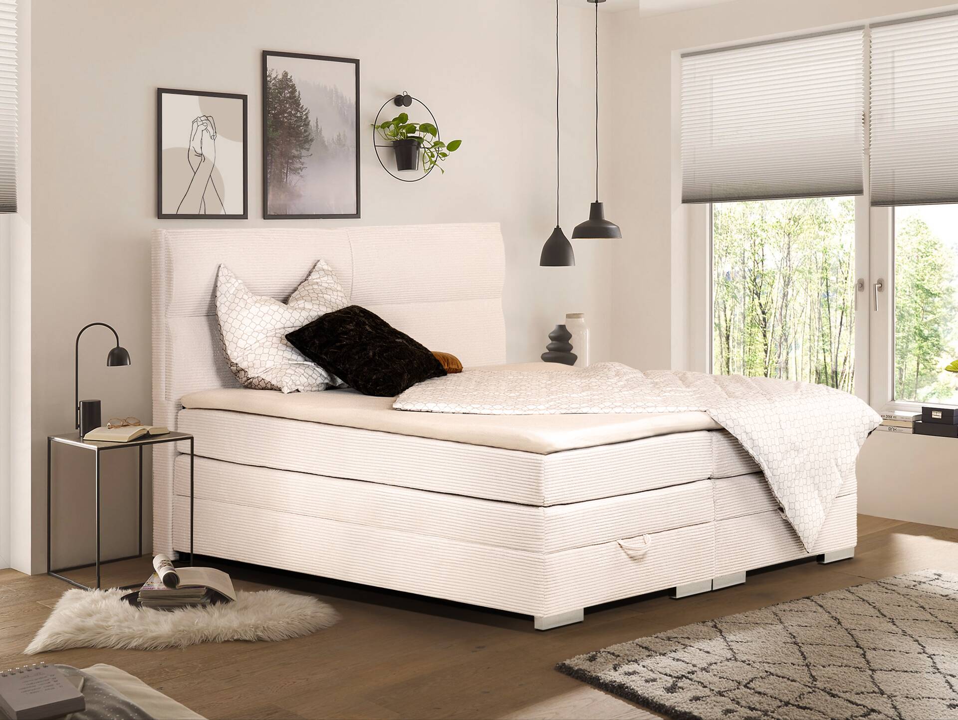 VANILLA Boxspringbett mit Bettkasten und inkl. Toppermatratze, Härtegrad 2/3, Bezug Cordstoff, Cremefarbig 