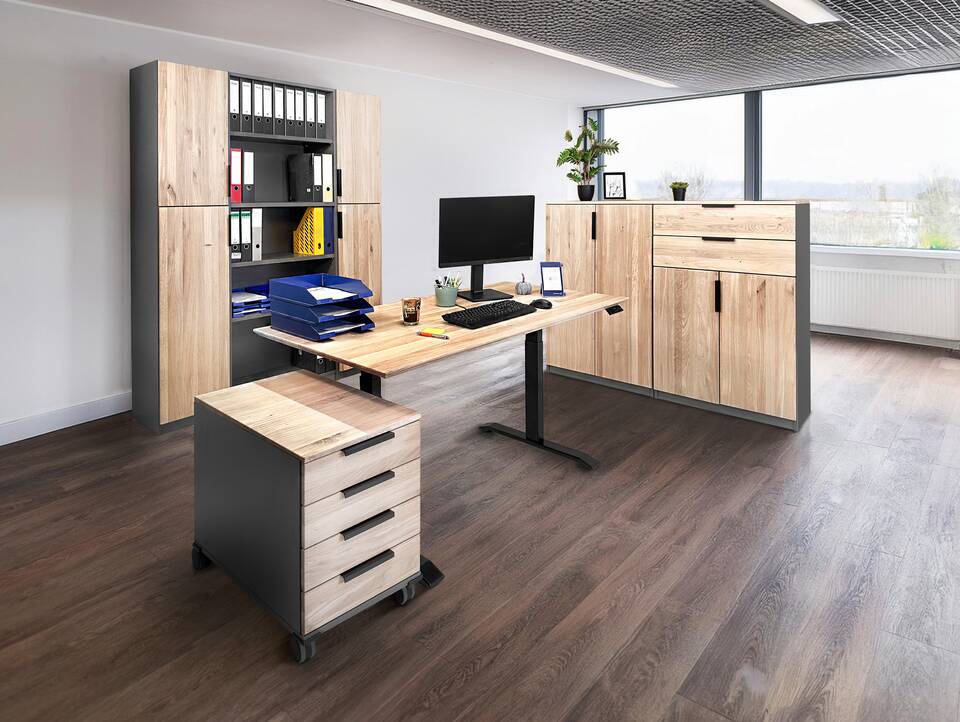 OFFICE OAK Komplettbüro I, Material teilmassiv, Eiche/graphitfarbig 