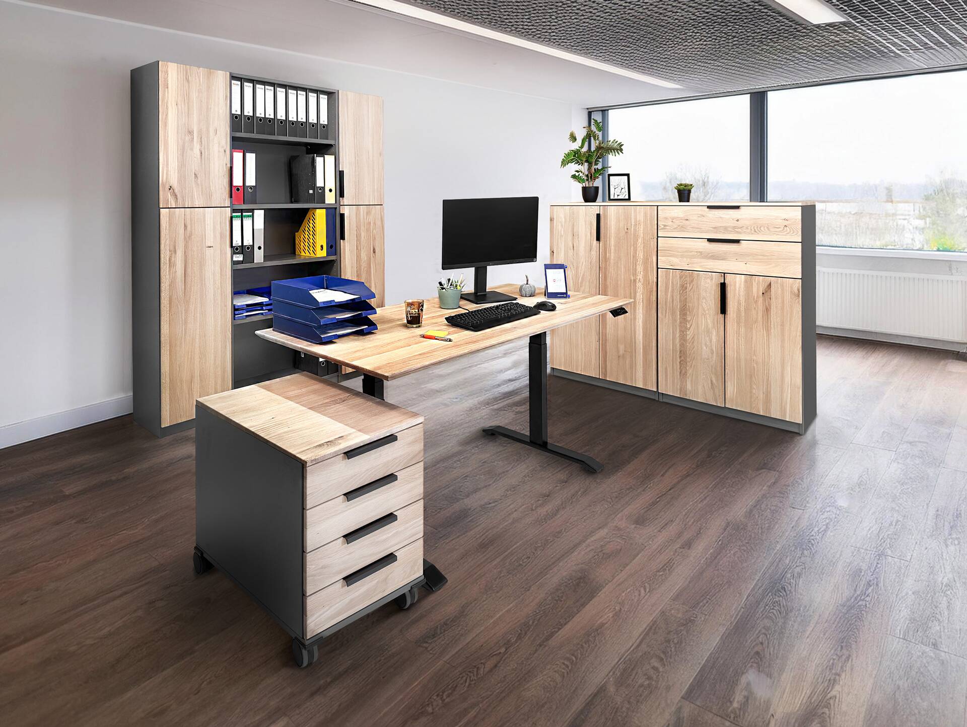 OFFICE OAK Komplettbüro I, Material teilmassiv, Eiche/graphitfarbig 