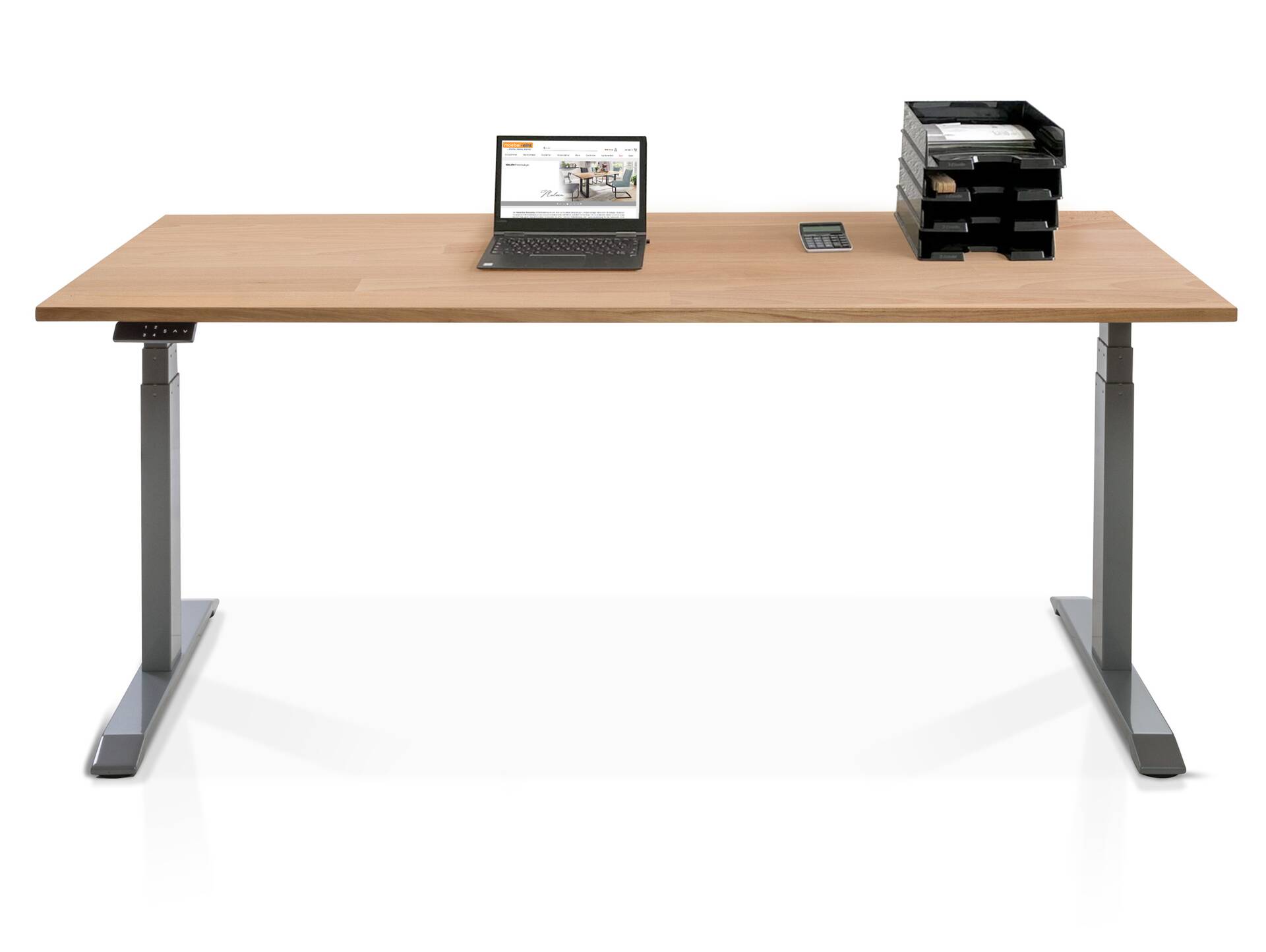 OFFICE ONE Massiv, elektrisch höhenverstellbarer Schreibtisch / Stehtisch, Material Massivholz 120 x 80 cm | Buche | grau
