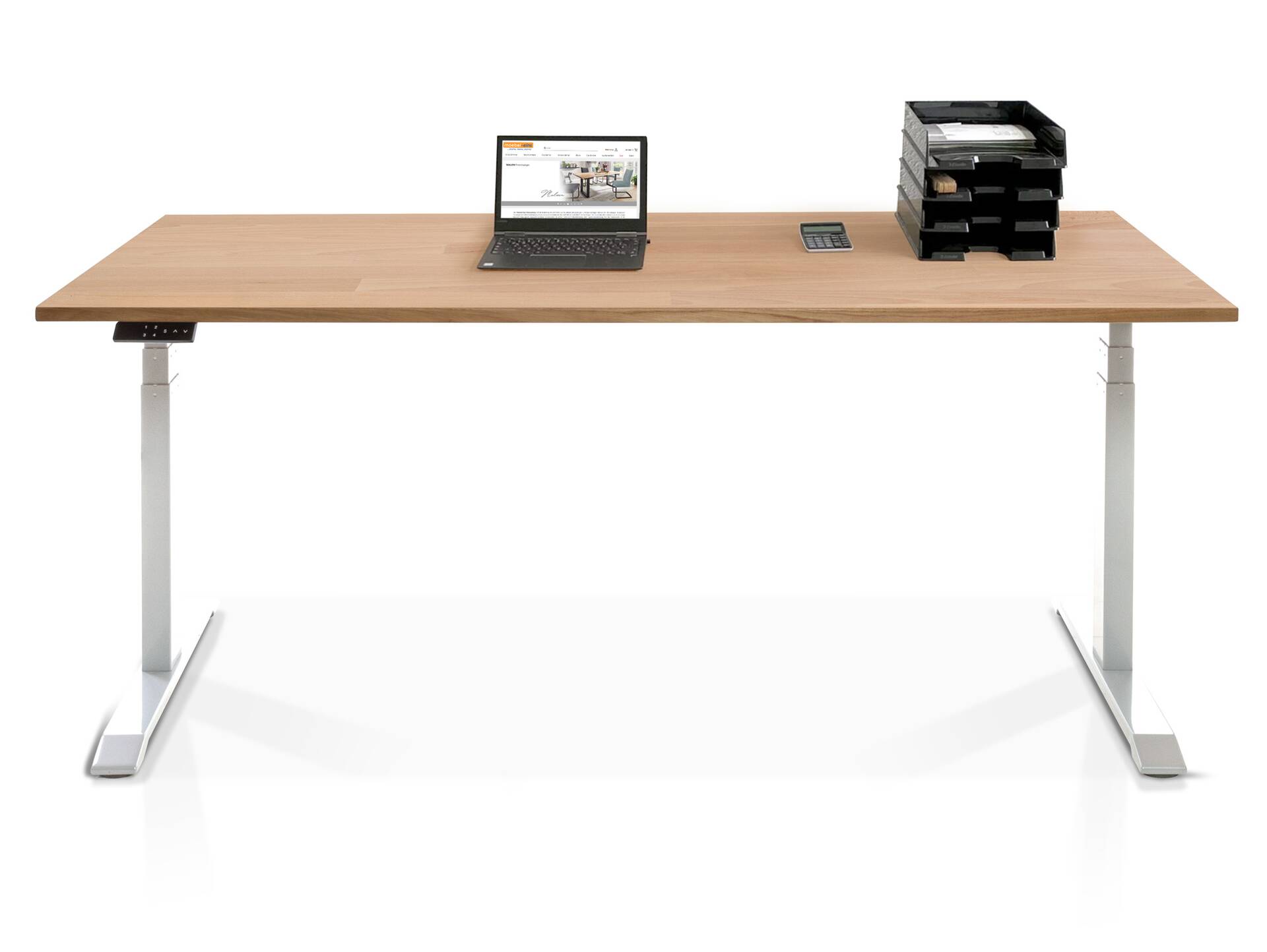 OFFICE ONE Massiv, elektrisch höhenverstellbarer Schreibtisch / Stehtisch, Material Massivholz 160x80 cm | Buche | Weiß