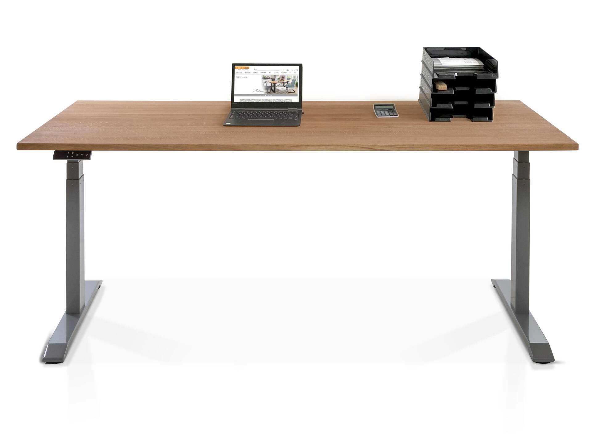 OFFICE ONE Massiv, elektrisch höhenverstellbarer Schreibtisch / Stehtisch, Material Massivholz 160 x 80 cm | Eiche | grau