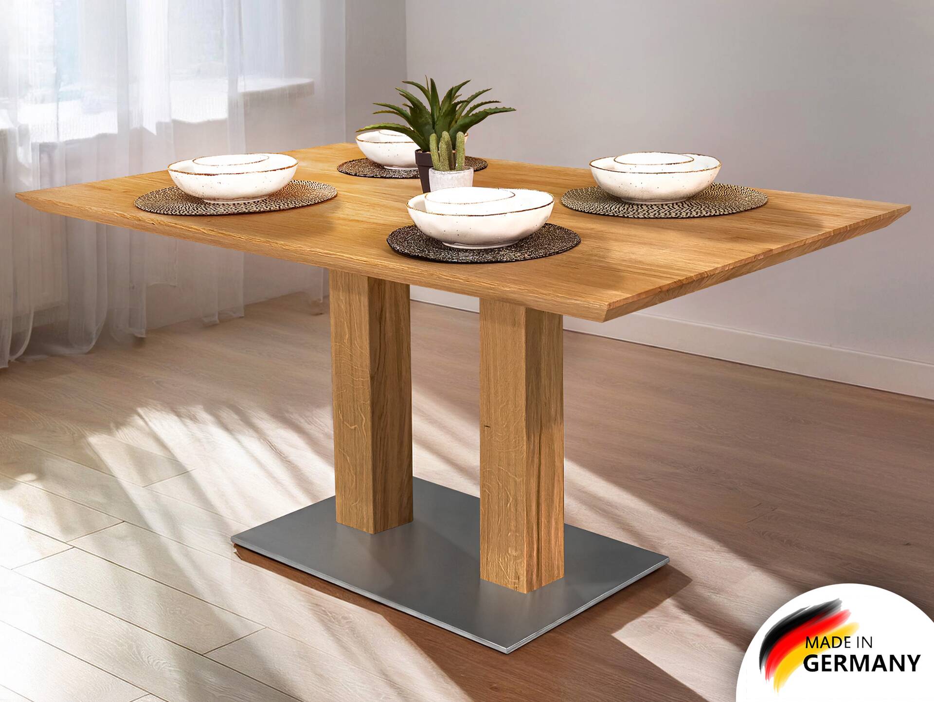 ORLEANS Massivholztisch / Säulentisch, Material Massivholz/Edelstahl 