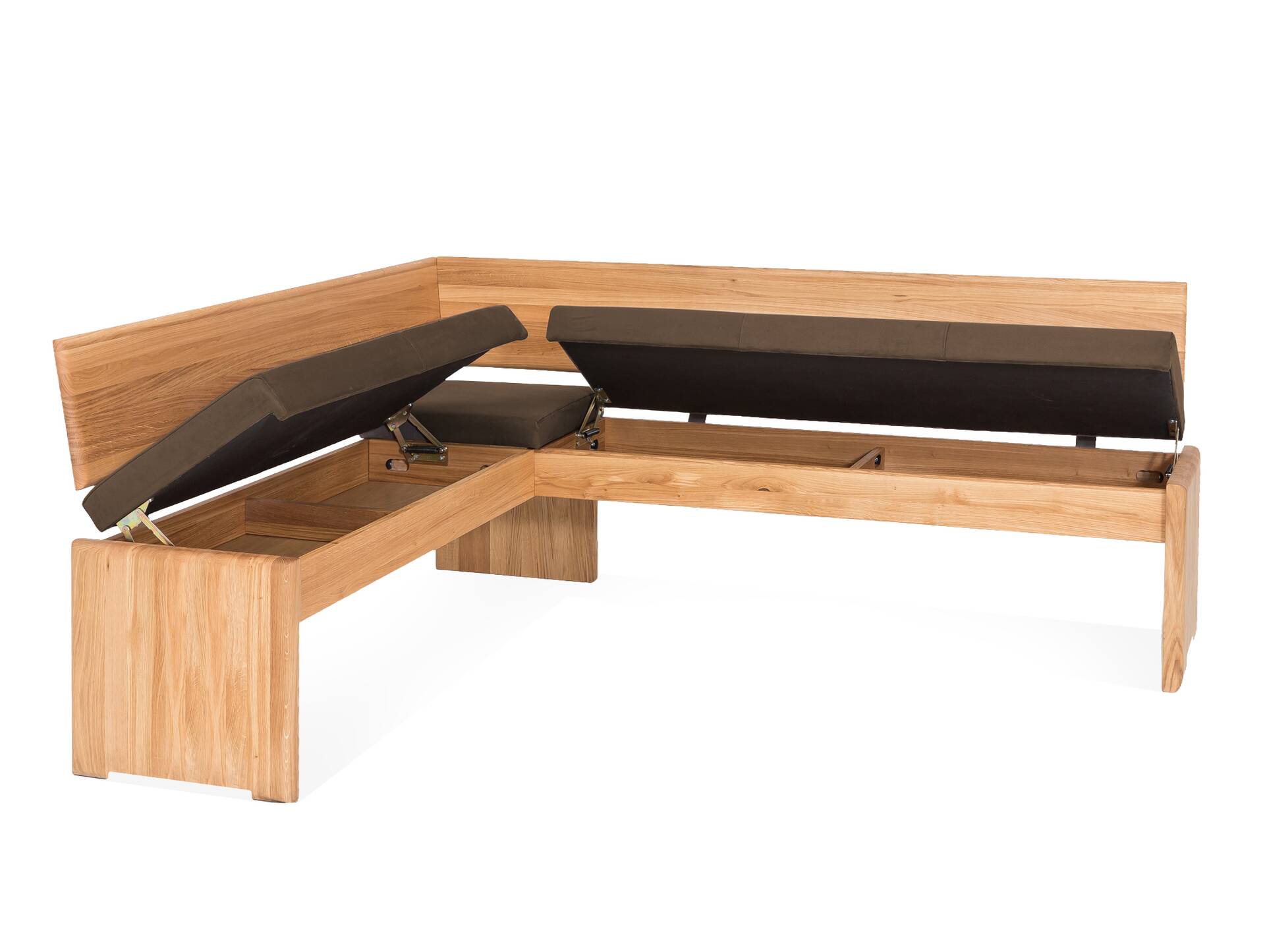 SCOTT Eckbank mit Truhe, Material Massivholz/Bezug Kunstfaser Eiche | 167 x 192 cm | nougat