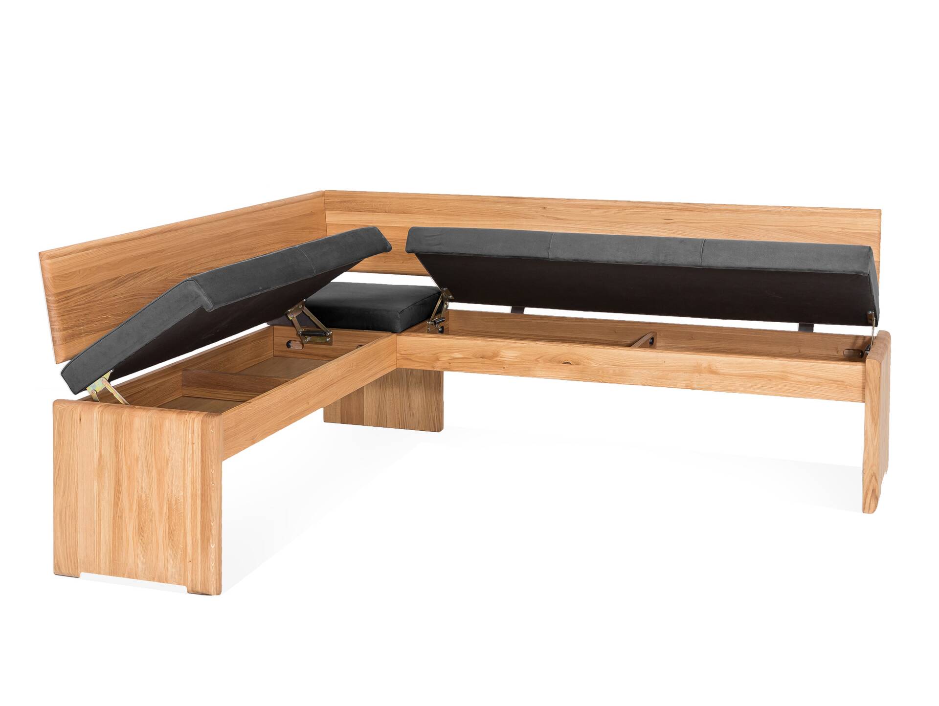 SCOTT Eckbank mit Truhe, Material Massivholz/Bezug Kunstfaser Kernbuche | 167 x 224 cm | grau 
