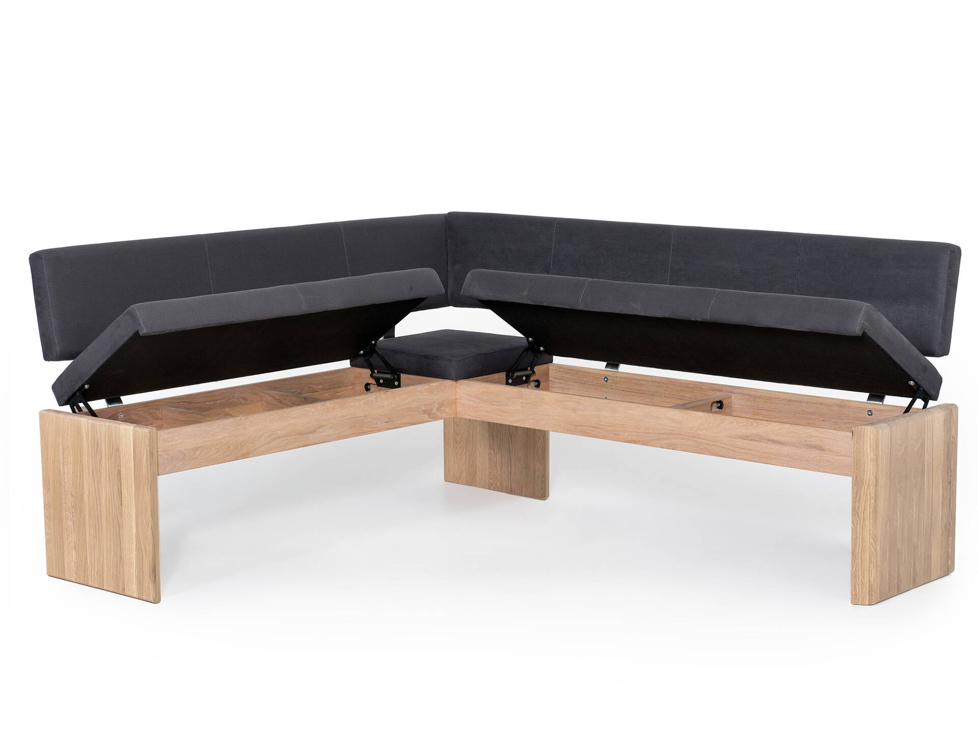 SIRION Eckbank mit Truhe aus Eiche, Material Massivholz/Bezug Mikrofaser 167 x 224 cm | dunkelgrau