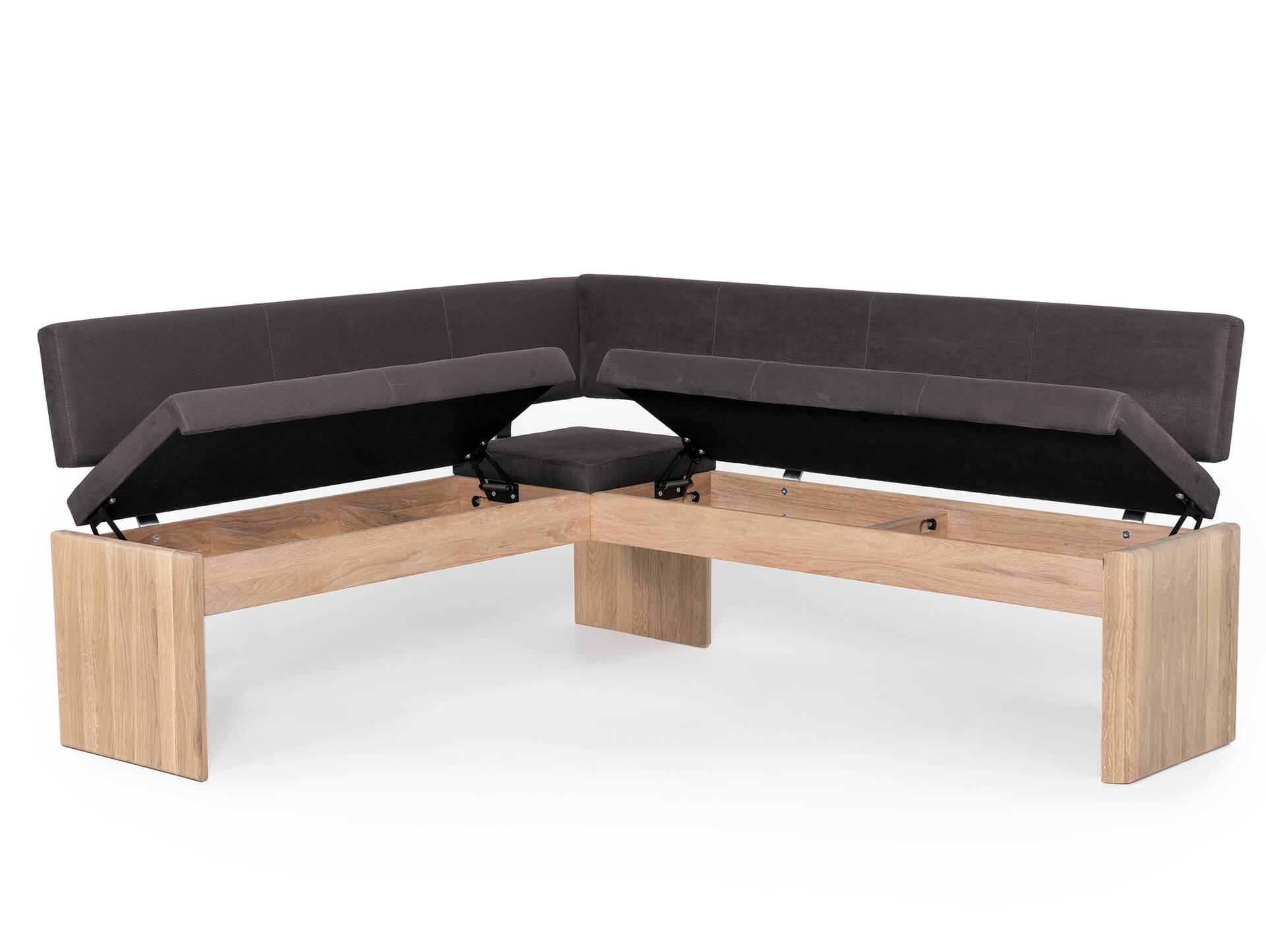 SIRION Eckbank mit Truhe aus Eiche, Material Massivholz/Bezug Mikrofaser 147 x 167 cm | dunkelbraun