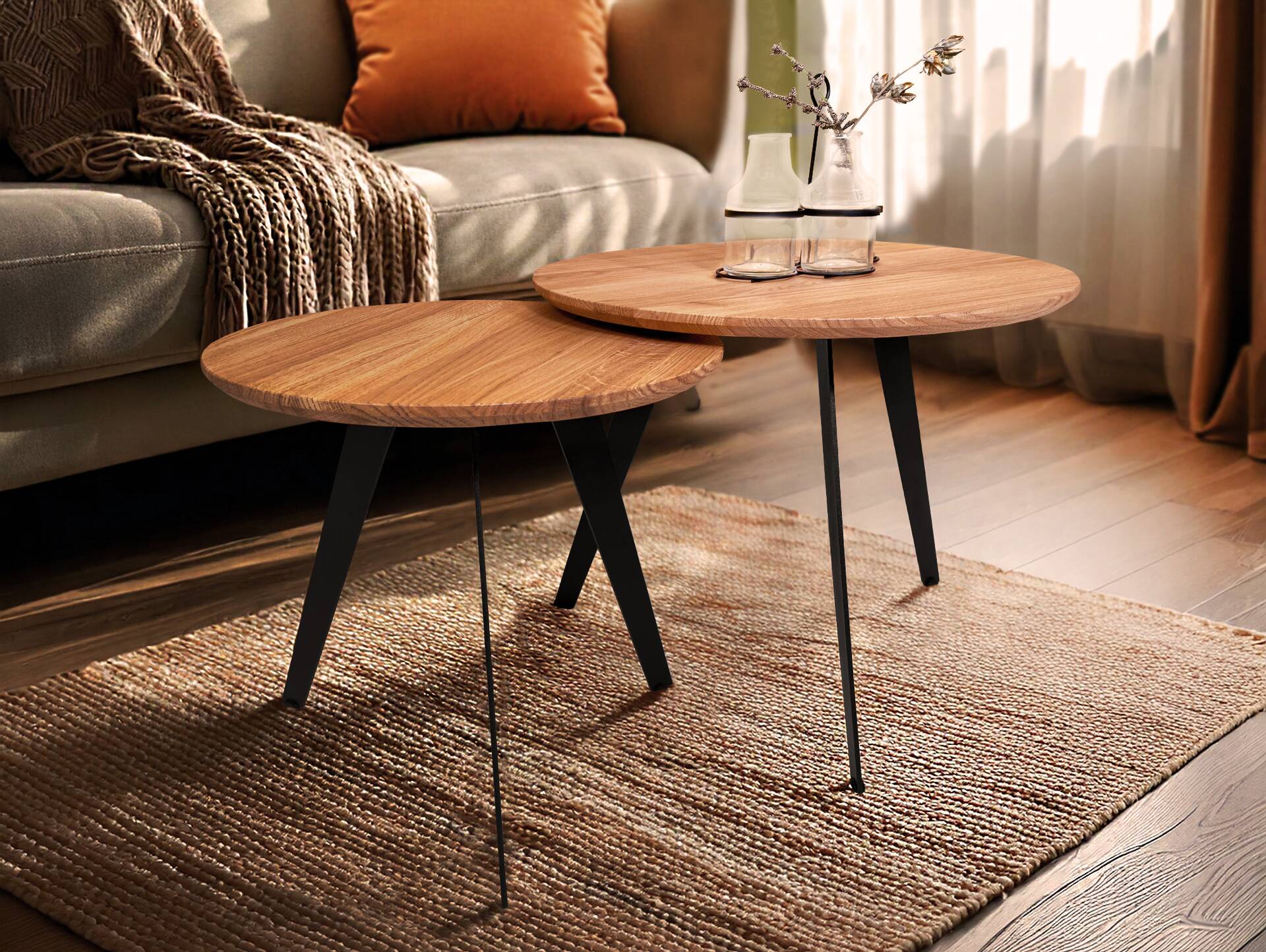 VALDO 2-er Set Couchtische, Material Massivholz/Metall, Eiche geölt/schwarz 