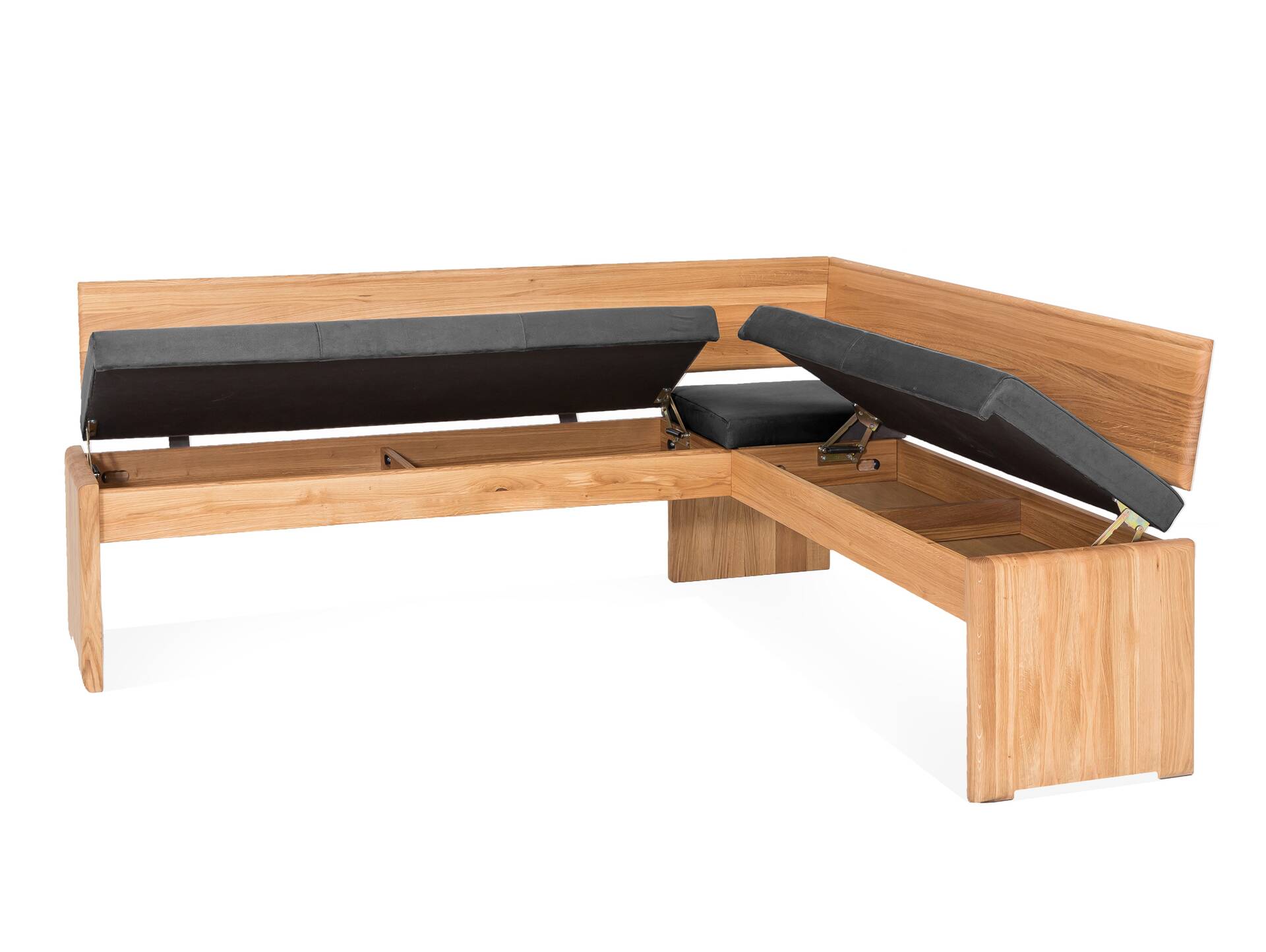 SCOTT Eckbank mit Truhe, Material Massivholz/Bezug Kunstfaser Kernbuche | 167 x 147 cm | grau 