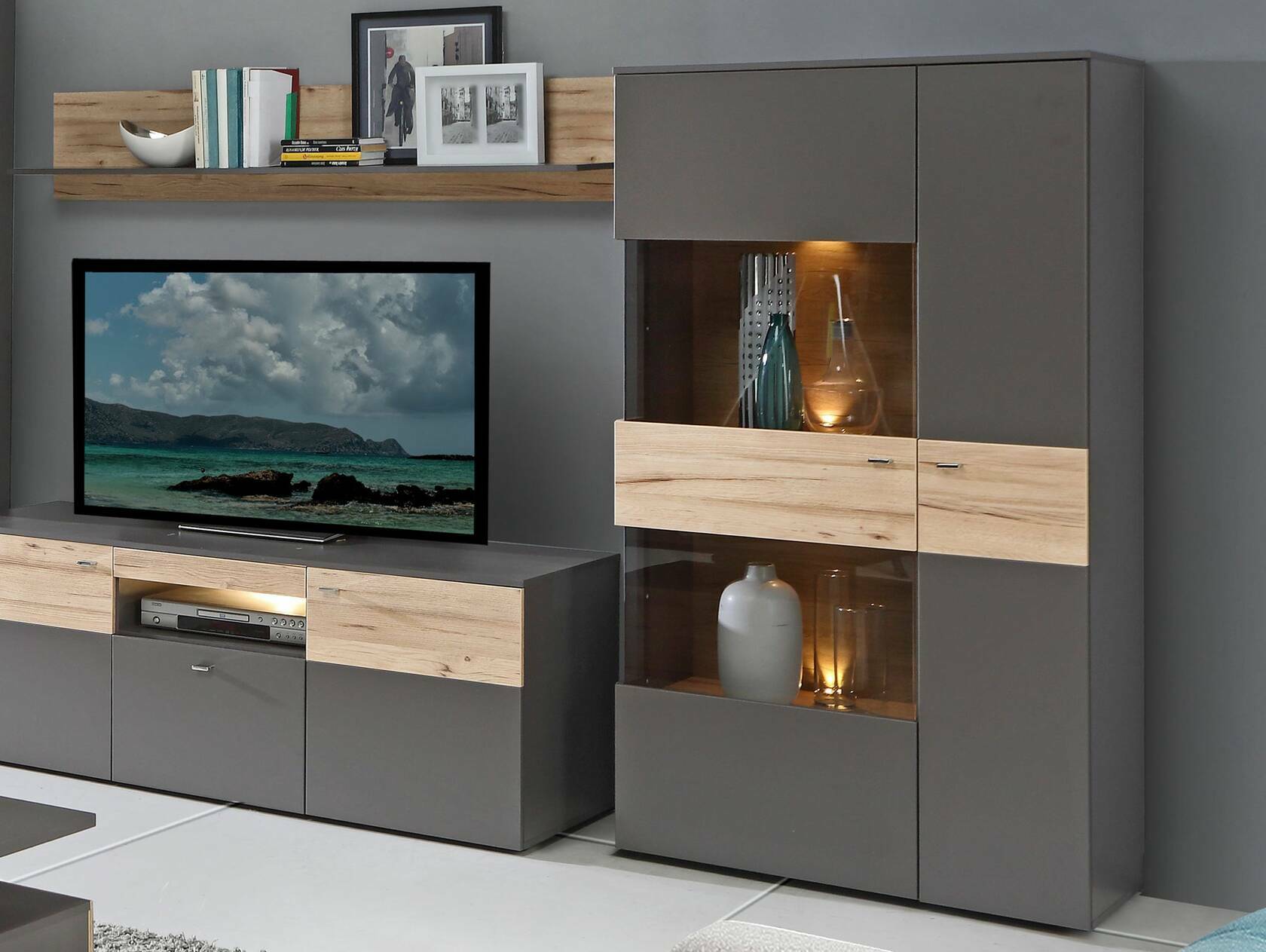 CLARA Highboard/Vitrine, Material Dekorspanplatte, grau/plankeneichefarbig 
