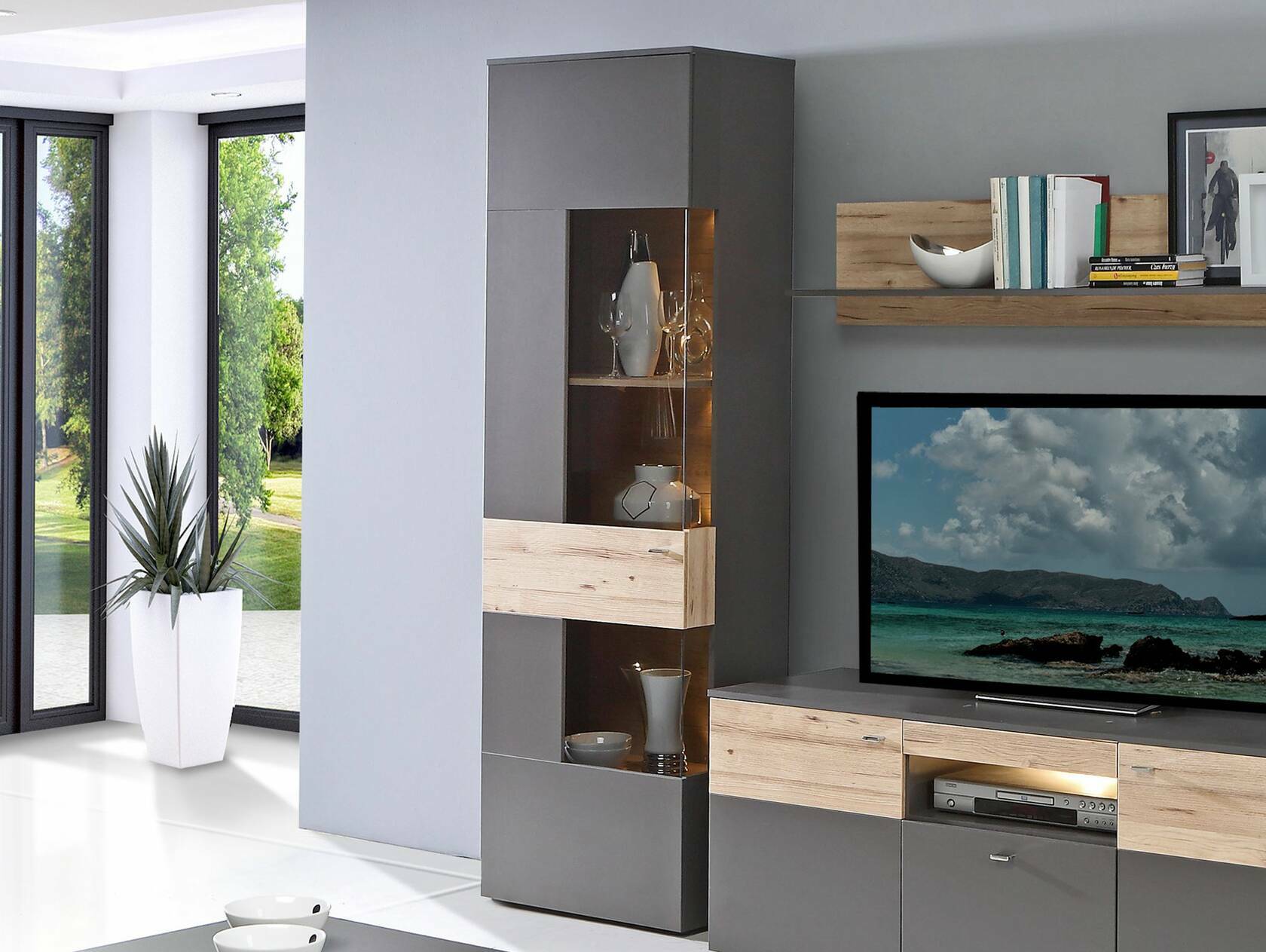 CLARA Vitrine, Material Dekorspanplatte, grau/plankeneichefarbig 