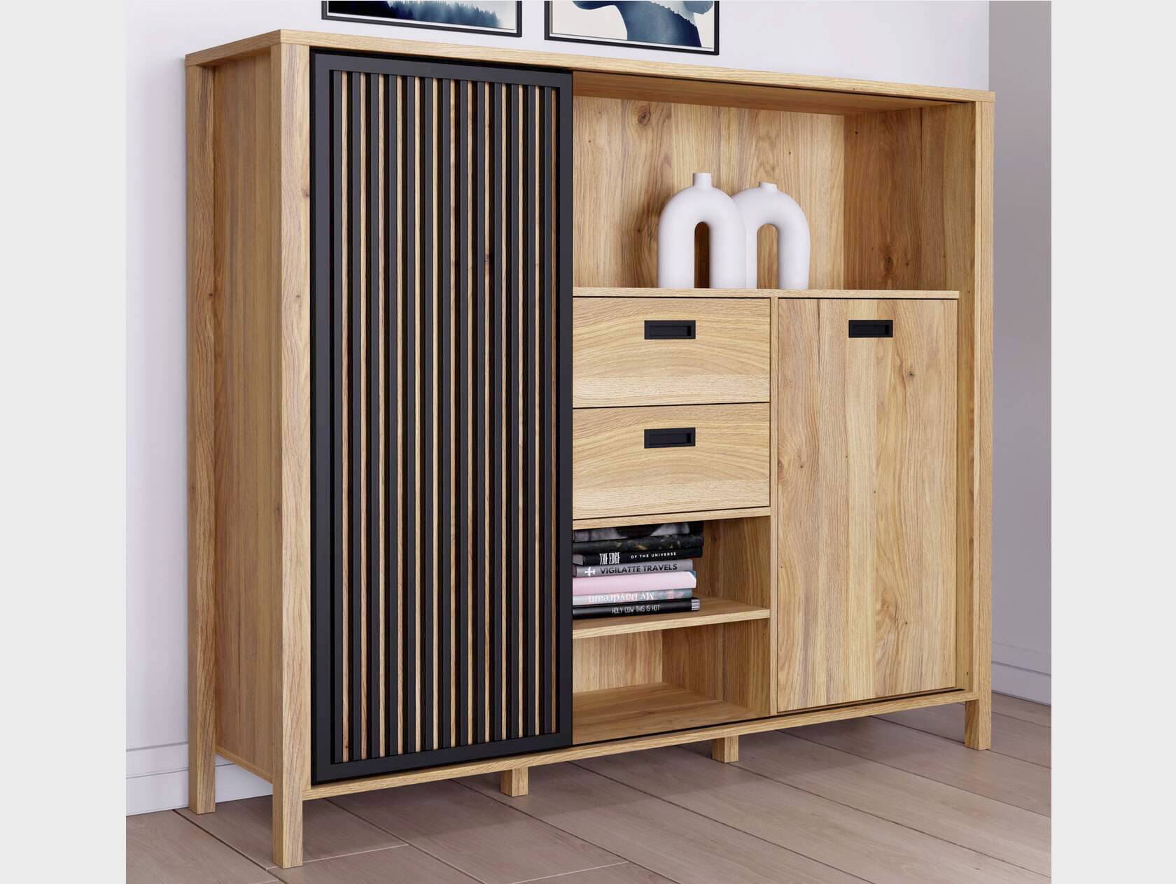 JACCO Highboard II, Material Spanplatte, Mauvella Eiche Nachbildung/schwarz 