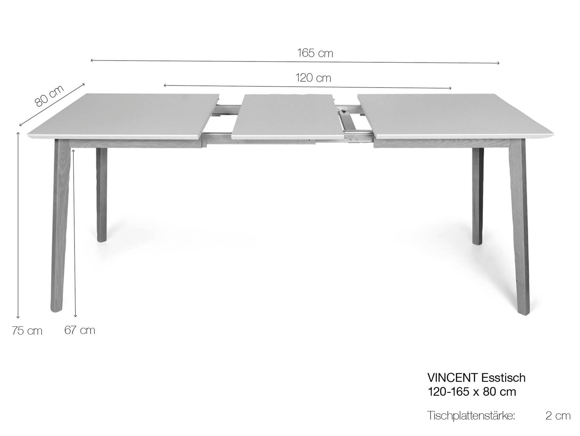 VINCENT Esstisch, Material Massivholz 120/165 x 80 cm | Eiche