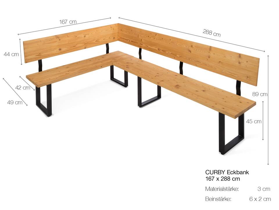 CURBY Eckbank, rustikale Altholzoptik, Material Massivholz, Fichte gebürstet 167 x 288 cm | natur | ohne Sitzkissen