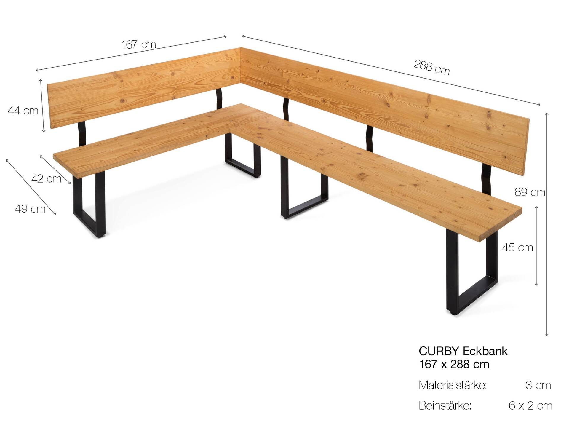 CURBY Eckbank, rustikale Altholzoptik, Material Massivholz, Fichte gebürstet 167 x 288 cm | natur | ohne Sitzkissen