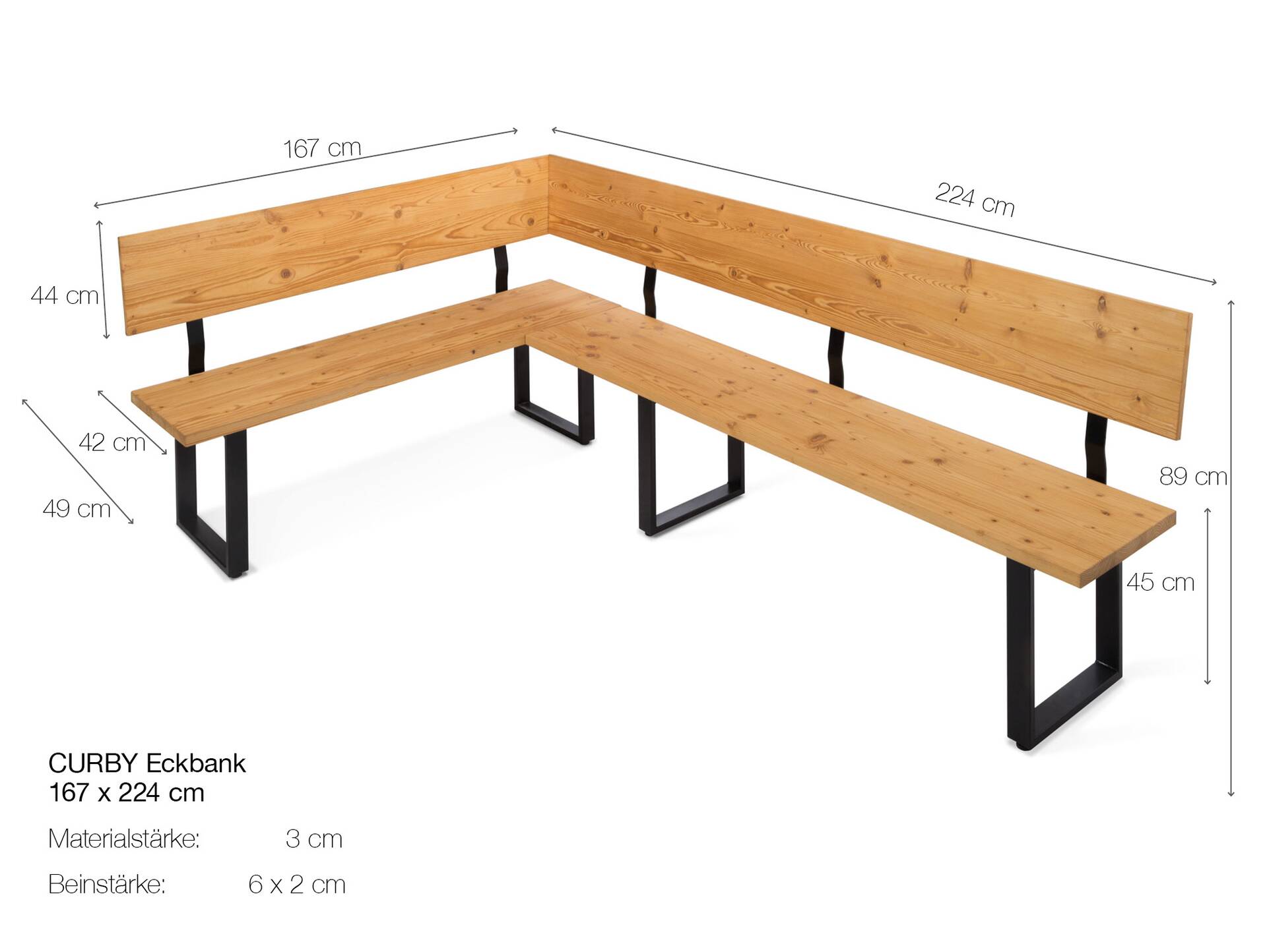 CURBY Eckbank, rustikale Altholzoptik, Material Massivholz, Fichte gebürstet 167 x 224 cm | natur | ohne Sitzkissen