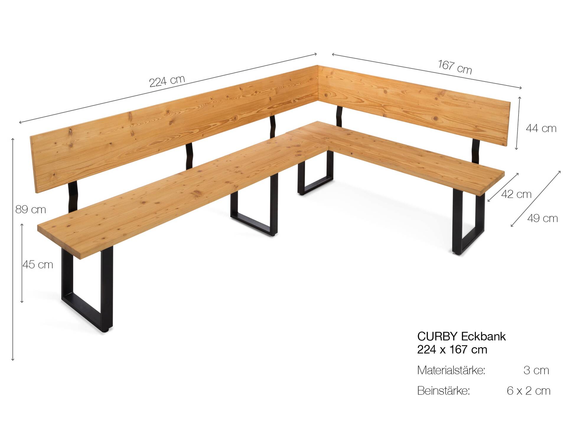 CURBY Eckbank, rustikale Altholzoptik, Material Massivholz, Fichte gebürstet 224 x 167 cm | natur | ohne Sitzkissen