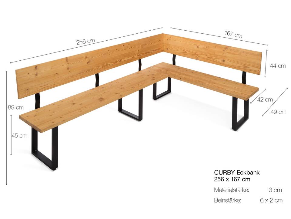 CURBY Eckbank, rustikale Altholzoptik, Material Massivholz, Fichte gebürstet 256 x 167 cm | natur | ohne Sitzkissen