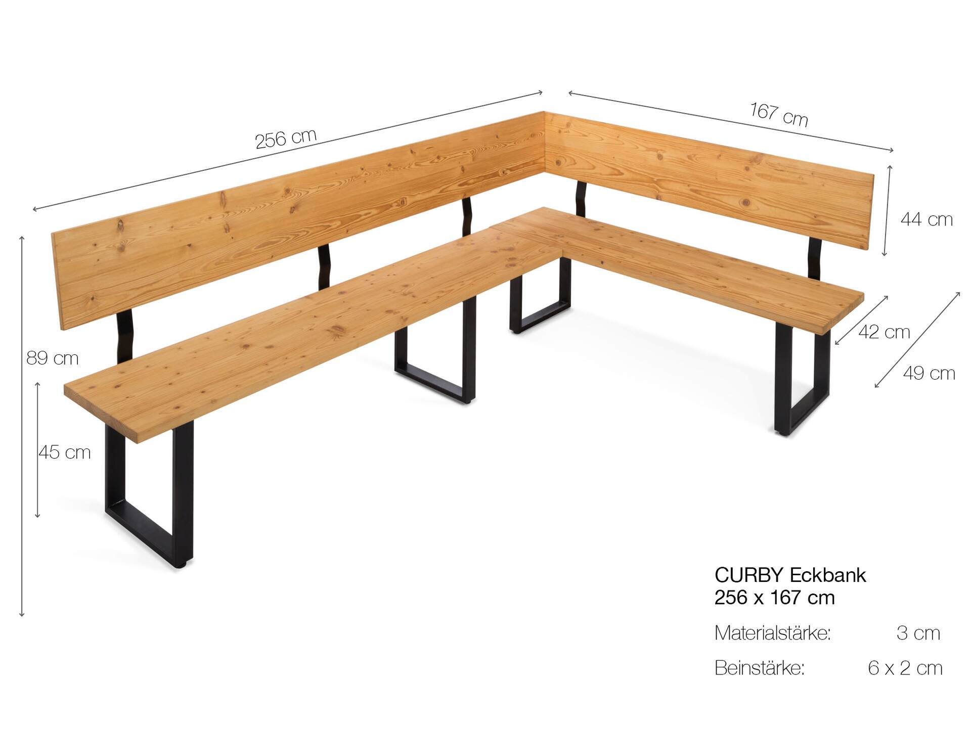 CURBY Eckbank, rustikale Altholzoptik, Material Massivholz, Fichte gebürstet 256 x 167 cm | natur | ohne Sitzkissen