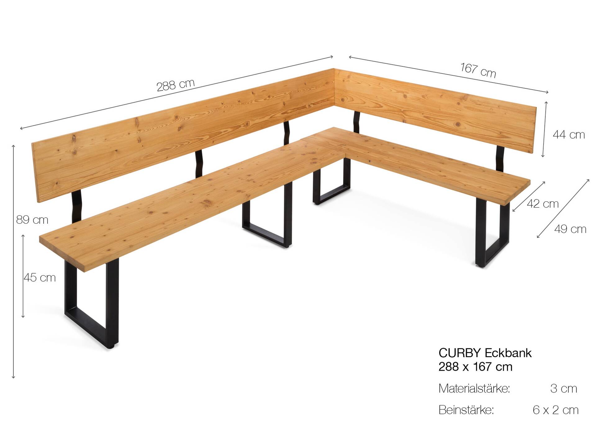 CURBY Eckbank, rustikale Altholzoptik, Material Massivholz, Fichte gebürstet 288 x 167 cm | natur | ohne Sitzkissen